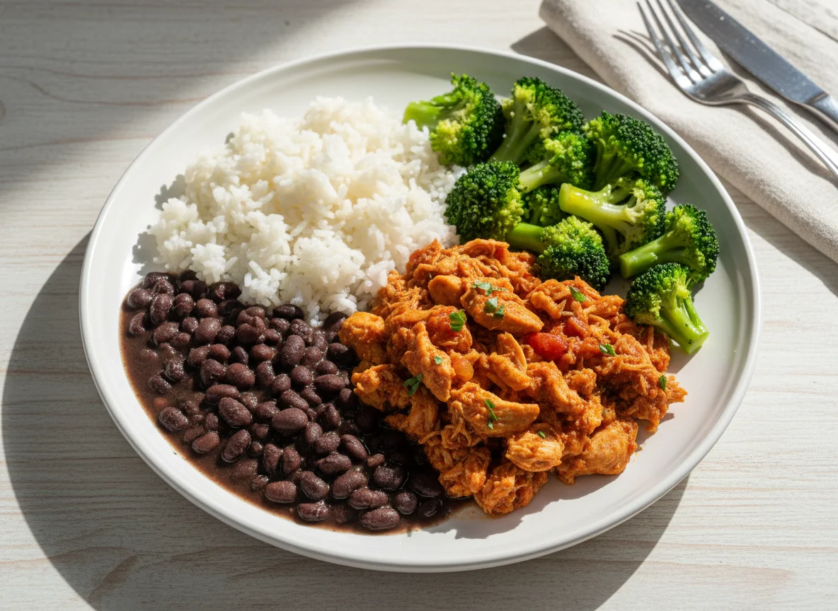 Marmita de frango desfiado com arroz, feijão e brócolis photo