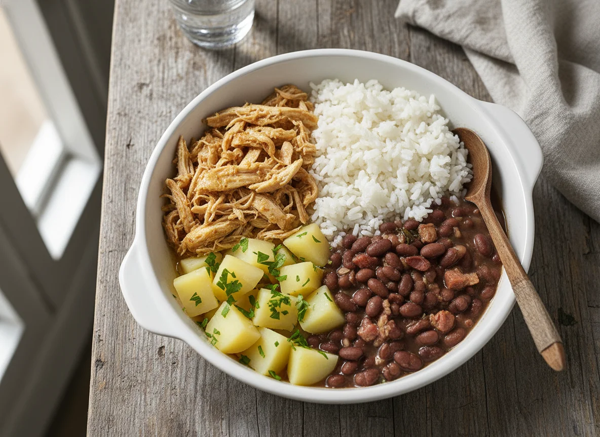 Marmita de frango desfiado com batata, arroz e feijão photo