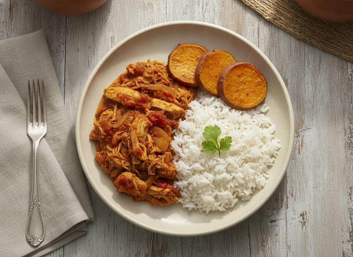Marmita de frango desfiado com batata doce e arroz photo