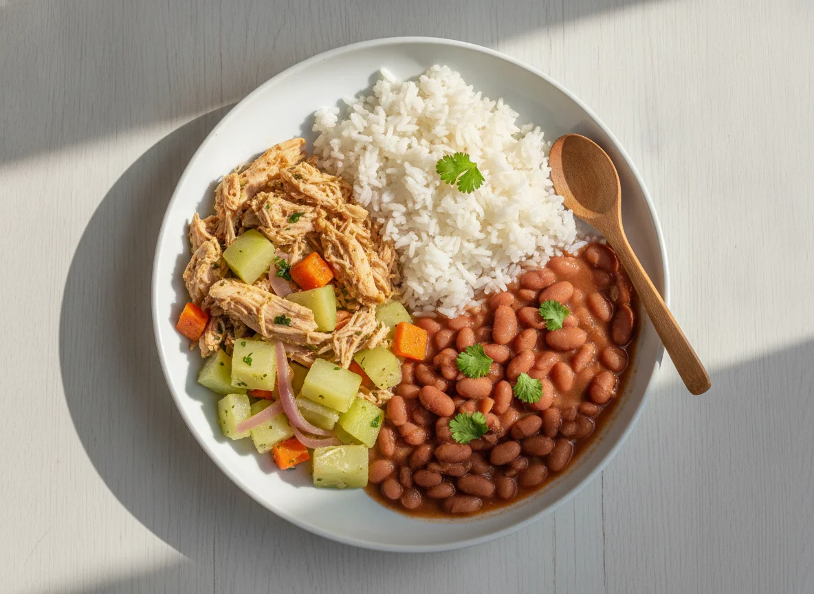 Marmita de Frango Desfiado com Chuchu, Arroz e Feijão photo