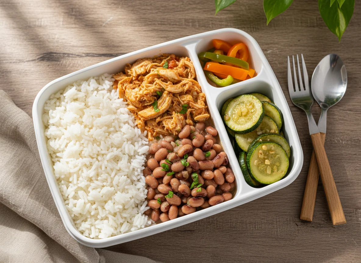 Marmita de frango desfiado com feijão fradinho, abobrinha e arroz photo
