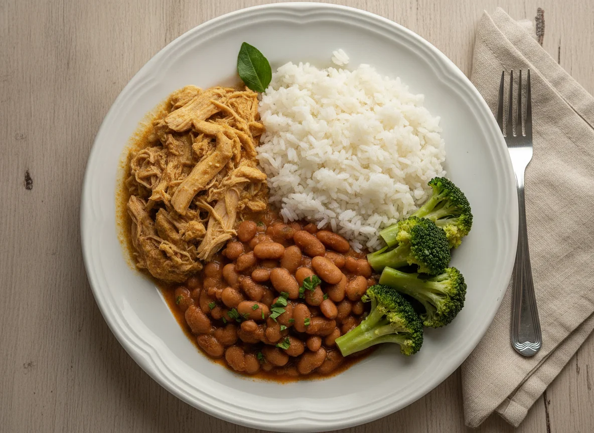 Marmita de Frango Desfiado Cremoso, Arroz, Feijão Carioca e Brócolis photo