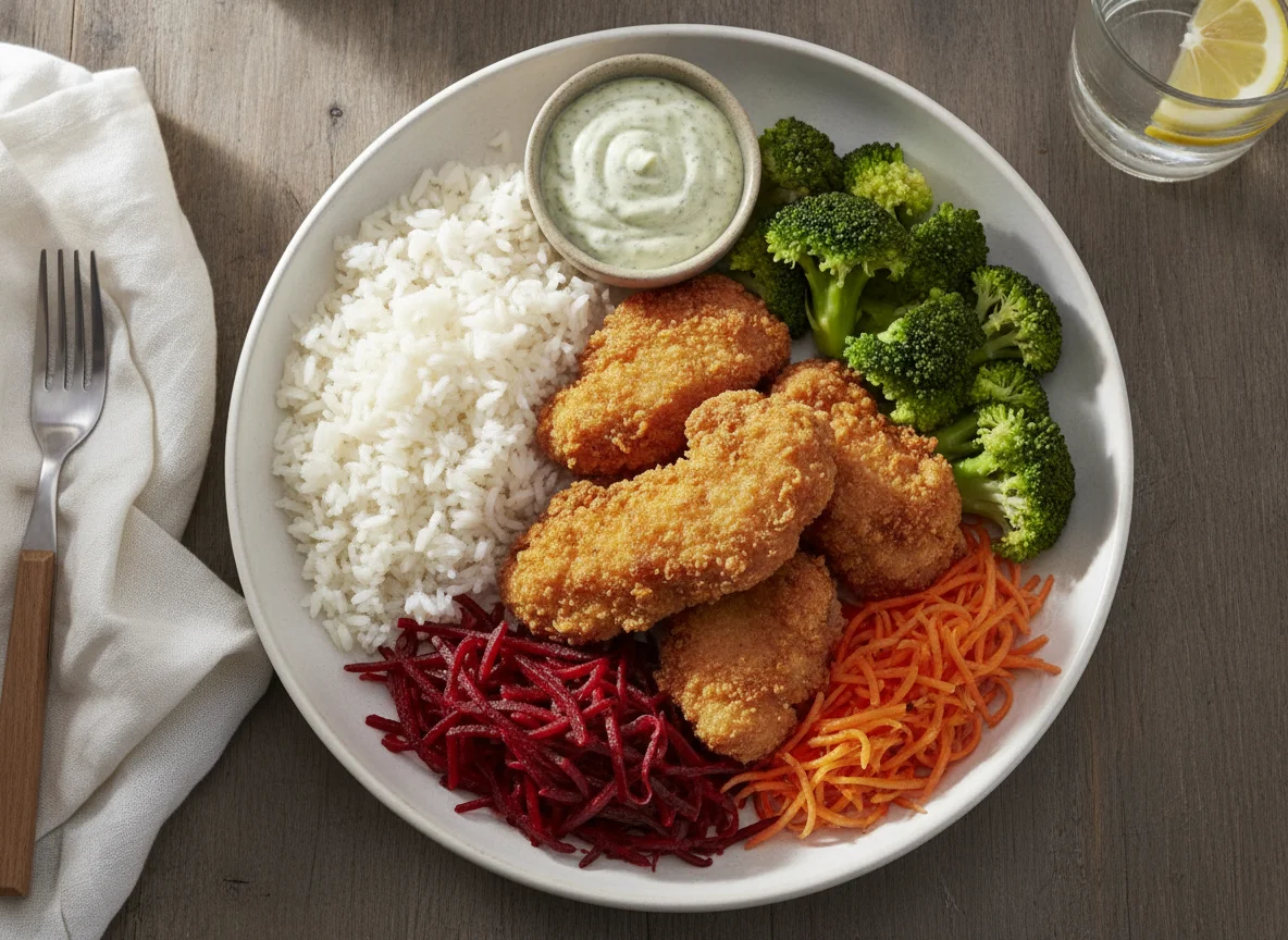 Marmita de Frango Empanado com Arroz e Vegetais photo