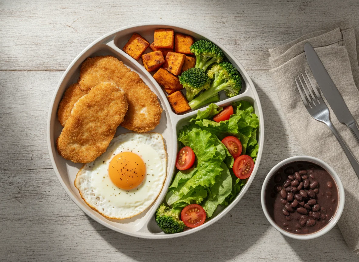 Marmita de frango empanado com ovo e vegetais photo