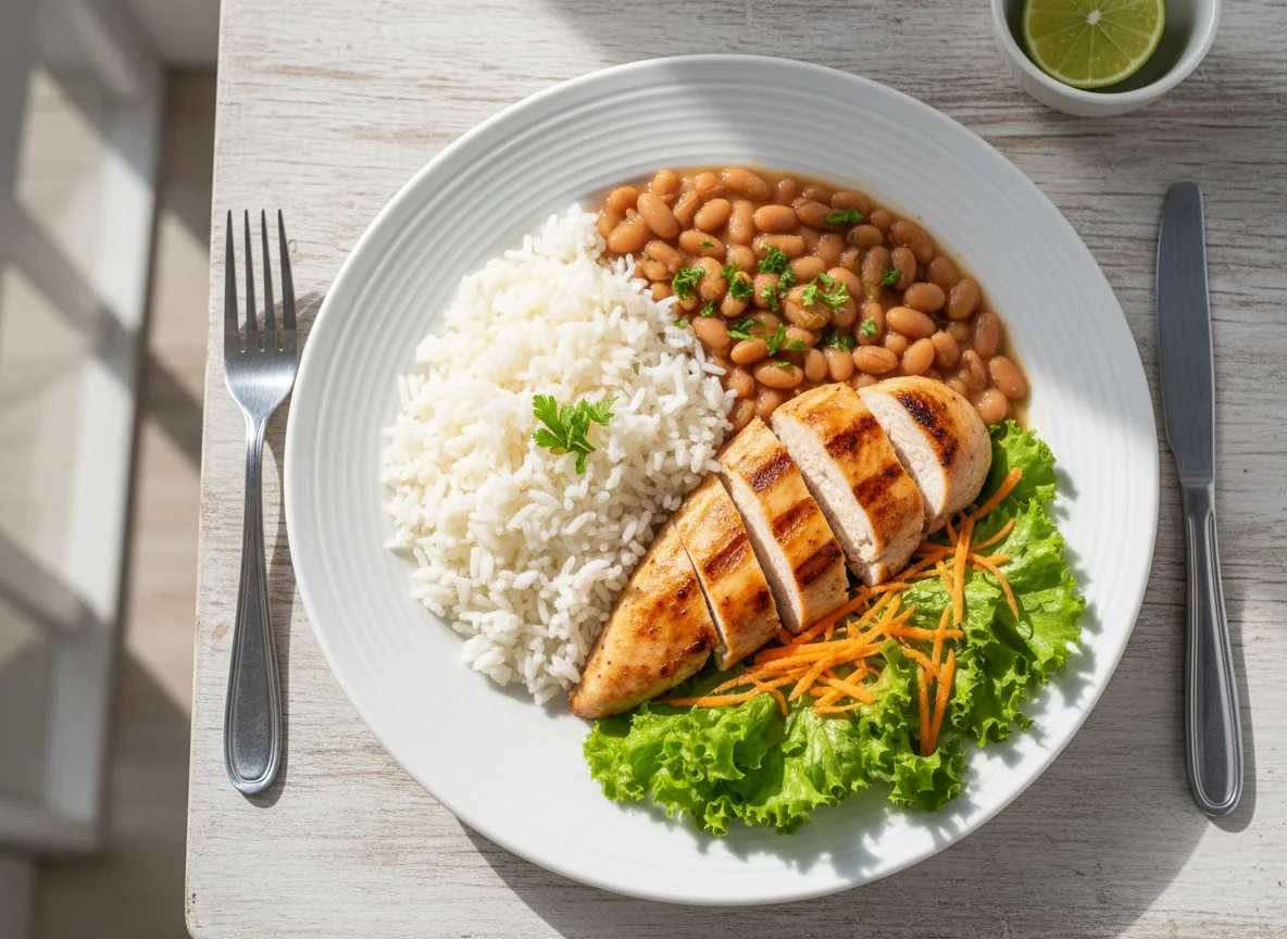 Marmita de frango, feijão, arroz e salada photo