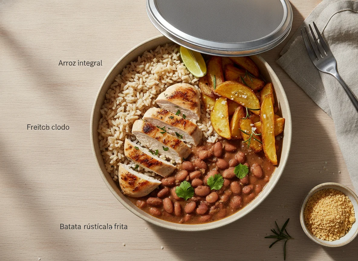 Marmita de Frango Grelhado com Arroz, Feijão e Batata Rústica photo