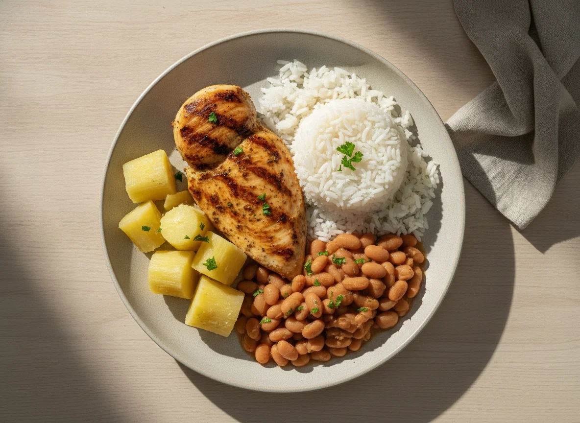 Marmita de Frango Grelhado com Arroz, Feijão e Mandioca photo