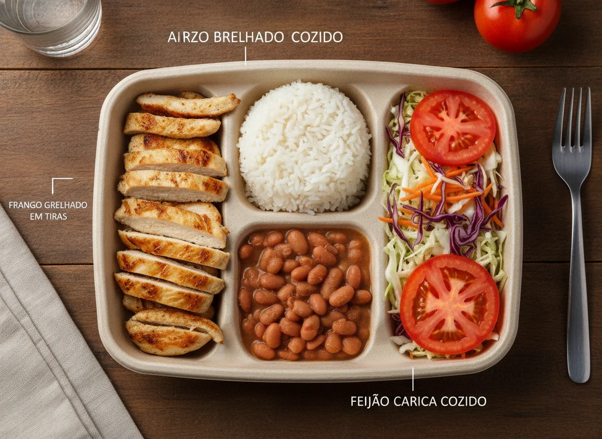 Marmita de Frango Grelhado com Arroz, Feijão e Salada photo