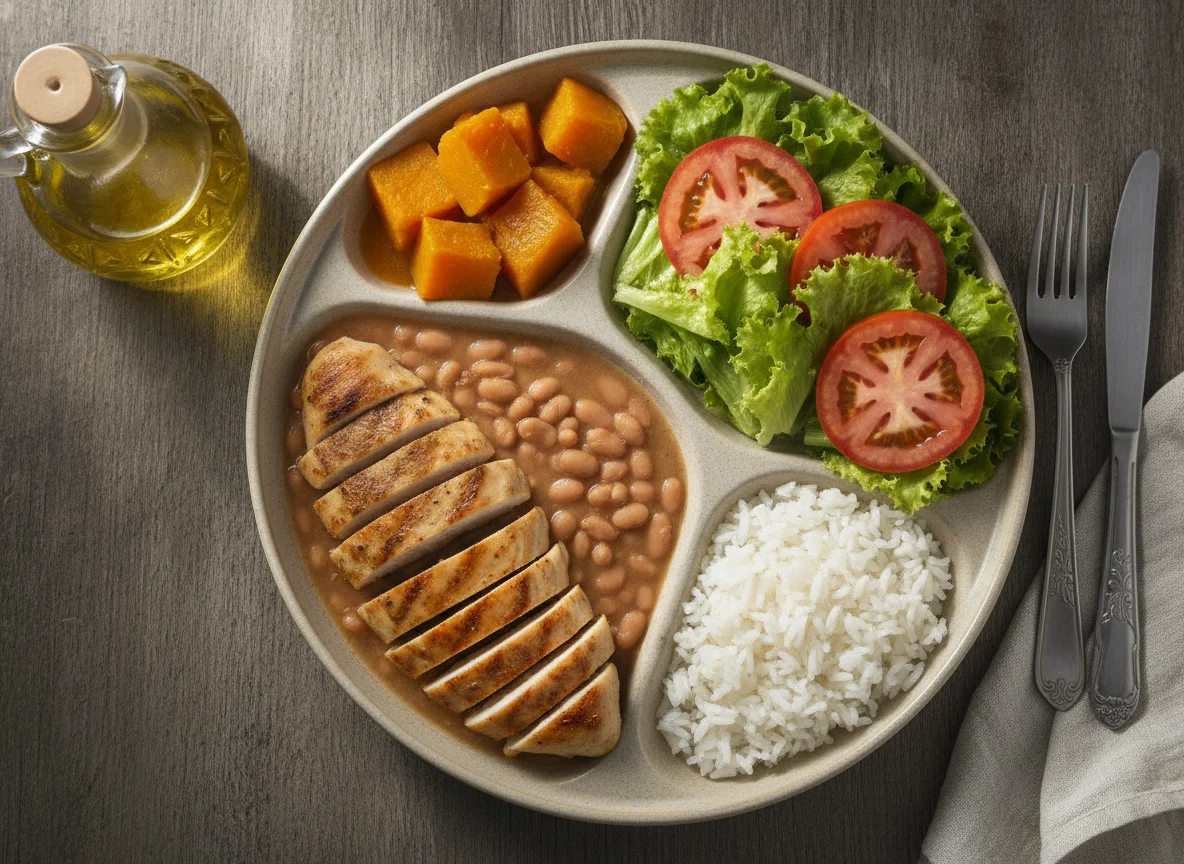 Marmita de Frango Grelhado com Feijão, Abóbora e Salada photo