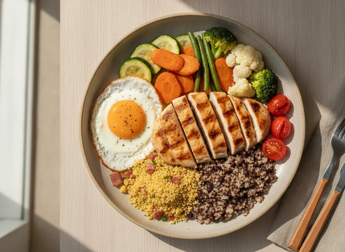 Marmita de Frango Grelhado com Legumes, Ovo e Farofa photo