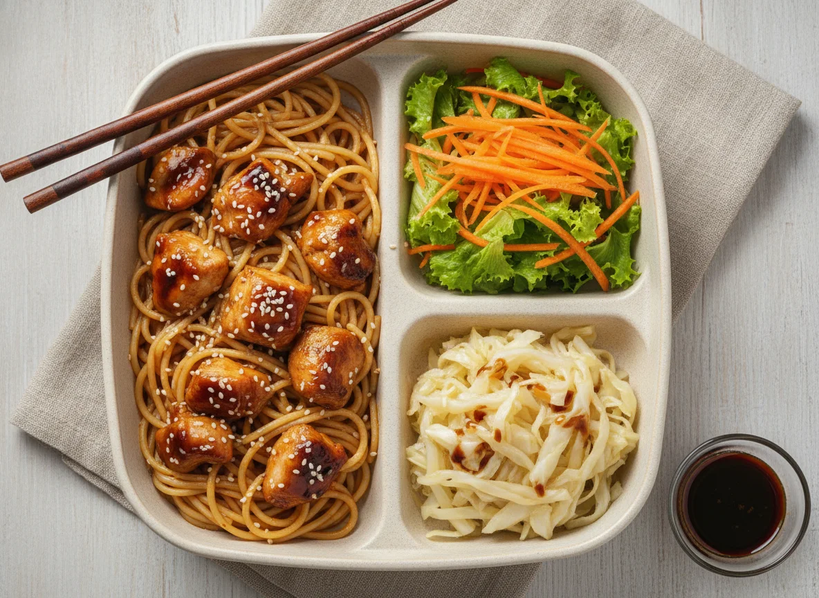Marmita de Frango Teriyaki com Macarrão e Salada photo