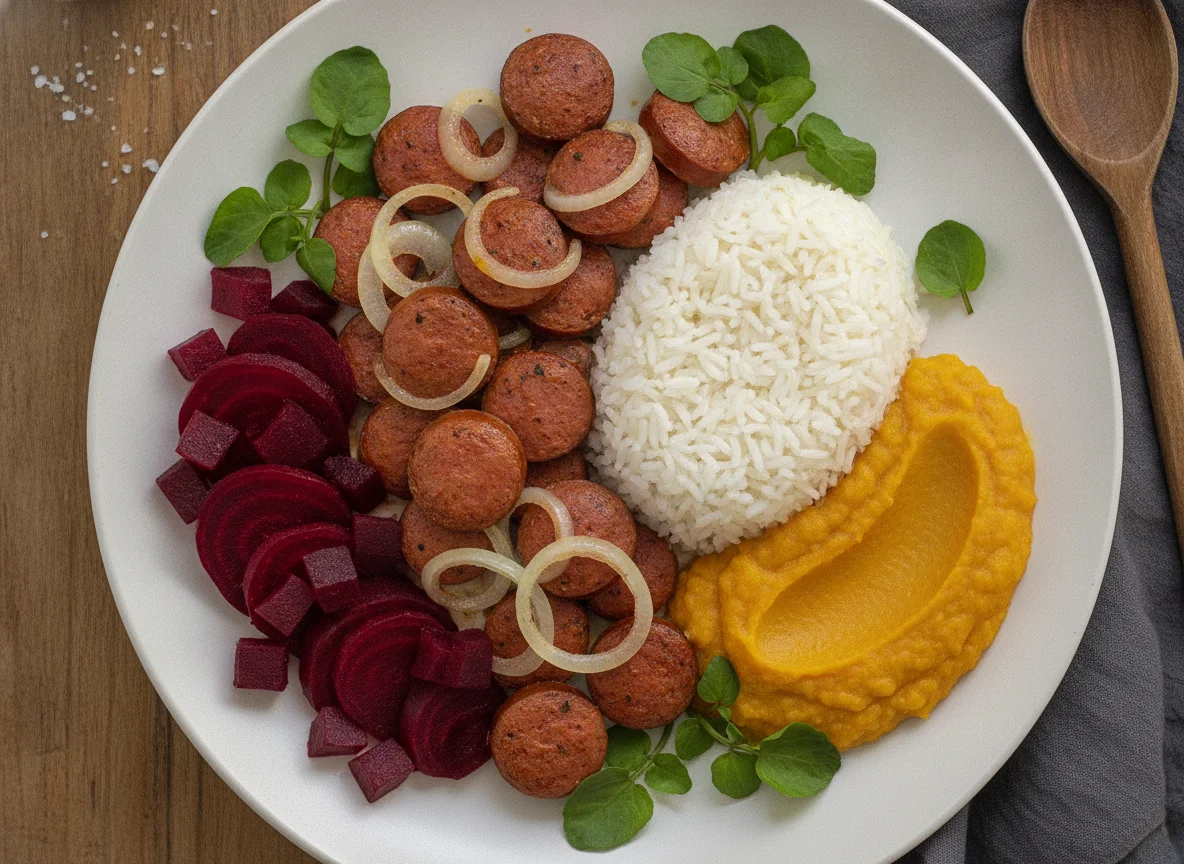 Marmita de Linguiça com Beterraba e Purê photo