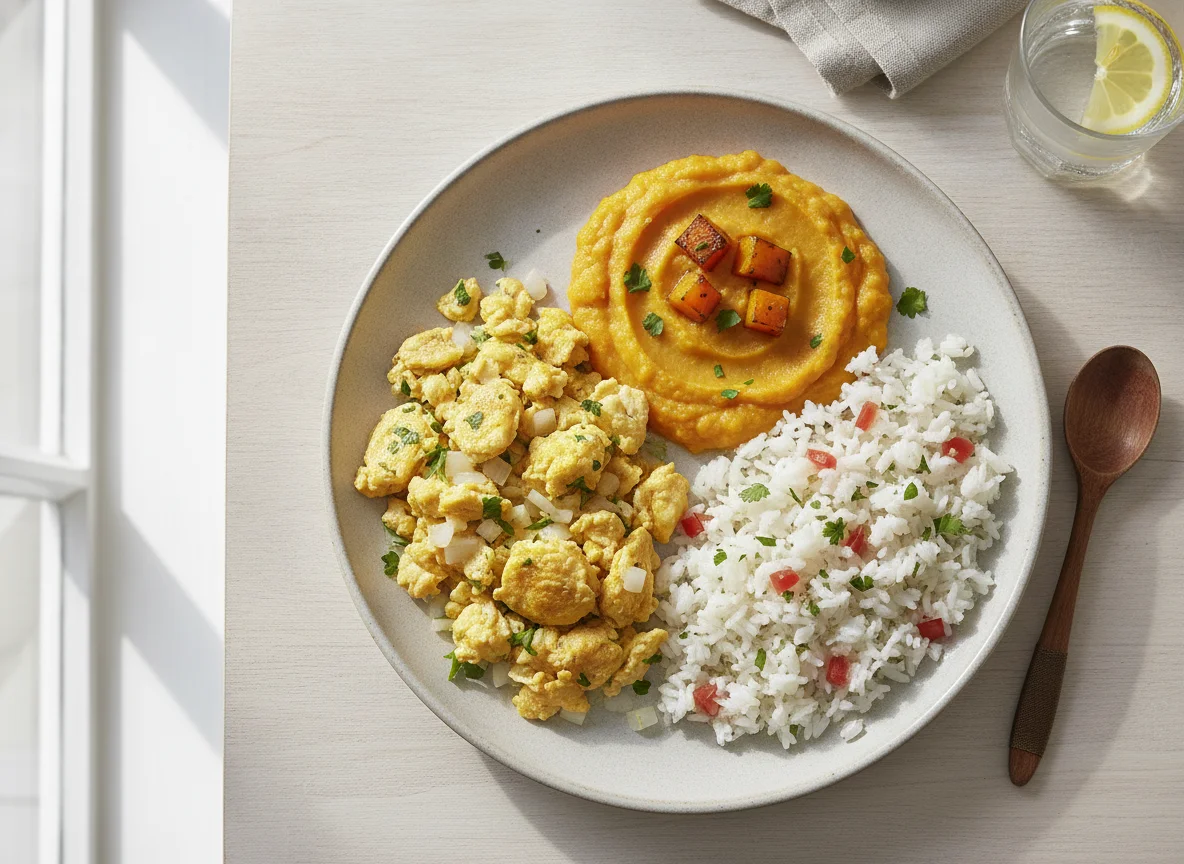 Marmita de Ovos Mexidos com Purê de Abóbora e Arroz photo