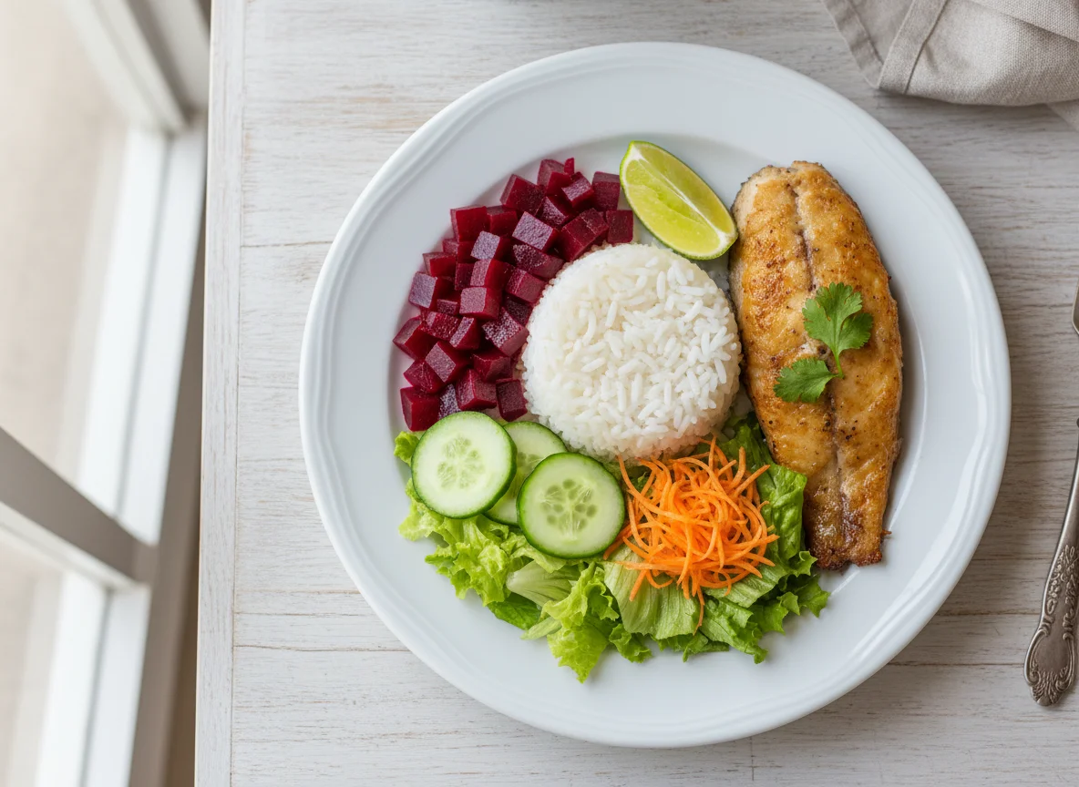 Marmita de peixe com arroz, beterraba e salada photo