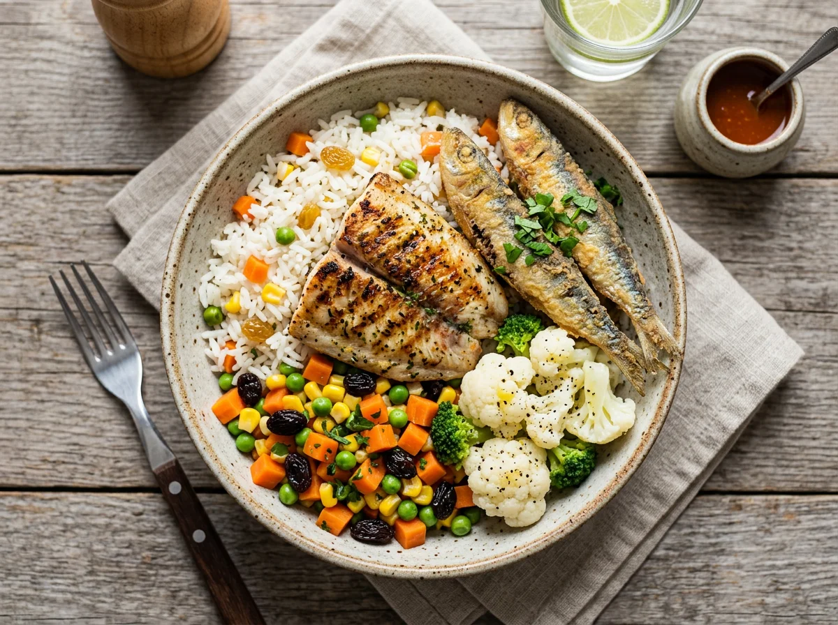 Marmita de peixe com arroz e vegetais photo