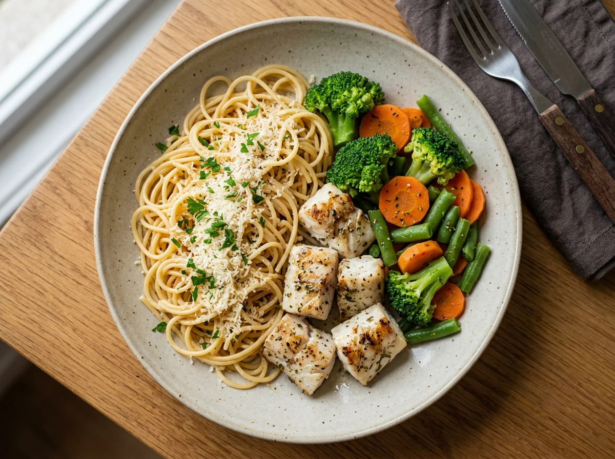 Marmita de peixe com legumes e macarrão photo