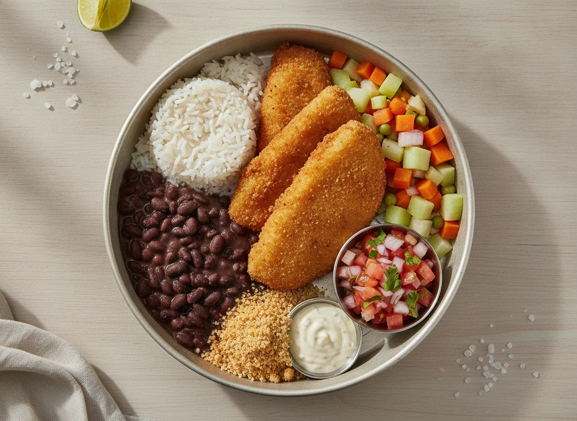 Marmita de Peixe Frito com Arroz, Feijão e Salada photo