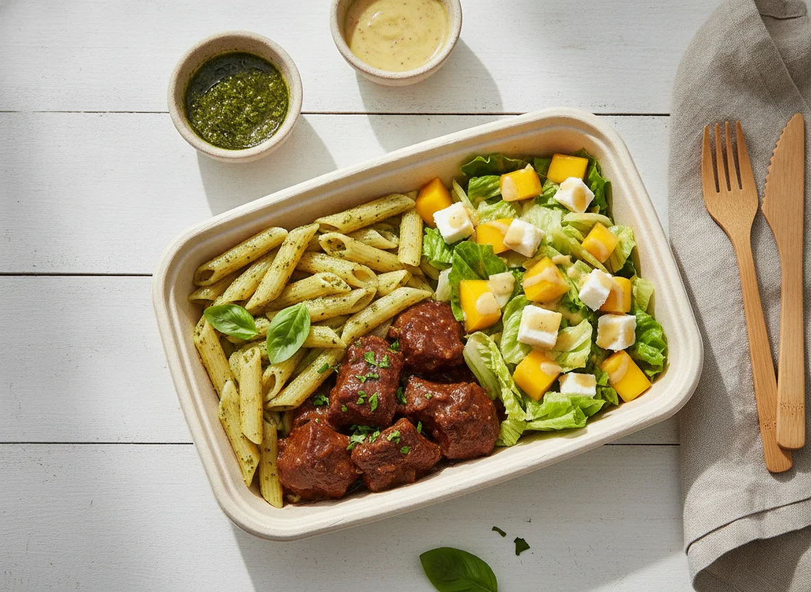 Marmita de Penne ao Pesto com Carne e Salada de Manga photo