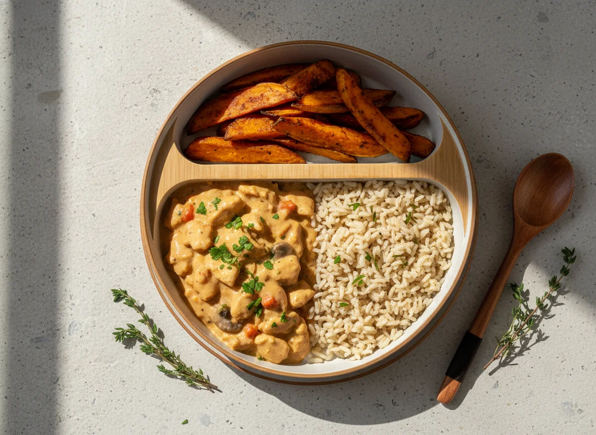 Marmita de Strogonoff de Frango com Arroz Integral e Batata Doce photo