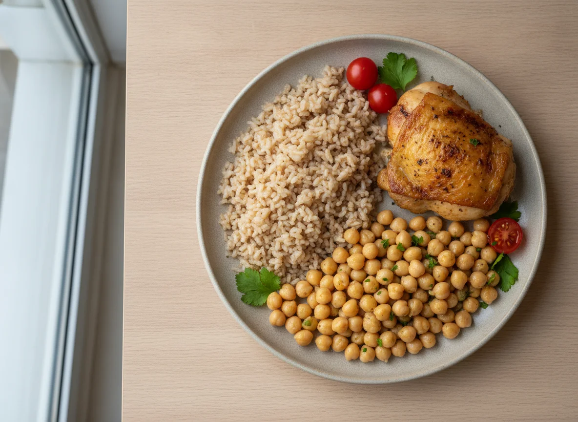Marmita Fit: Arroz Integral, Sobrecoxa Assada e Grão de Bico photo