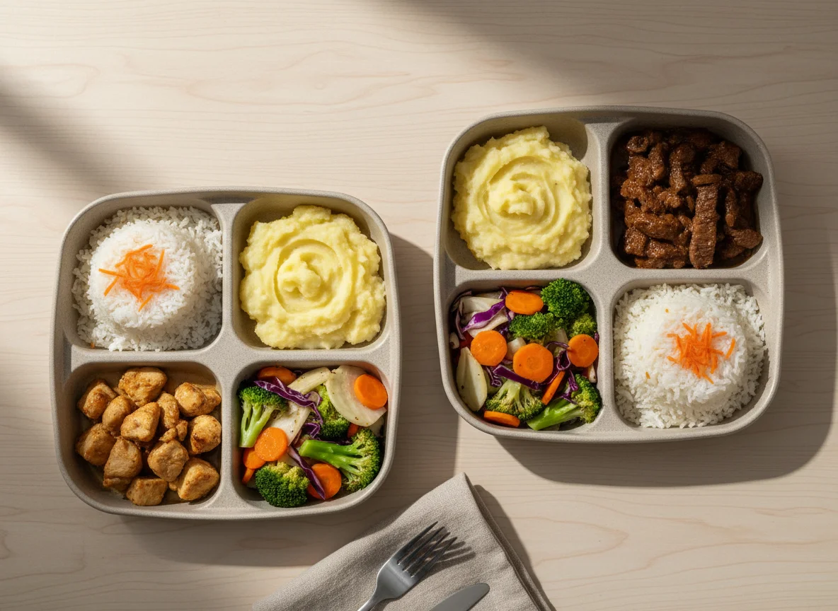 Marmitas variadas com arroz, purê, frango e carne photo