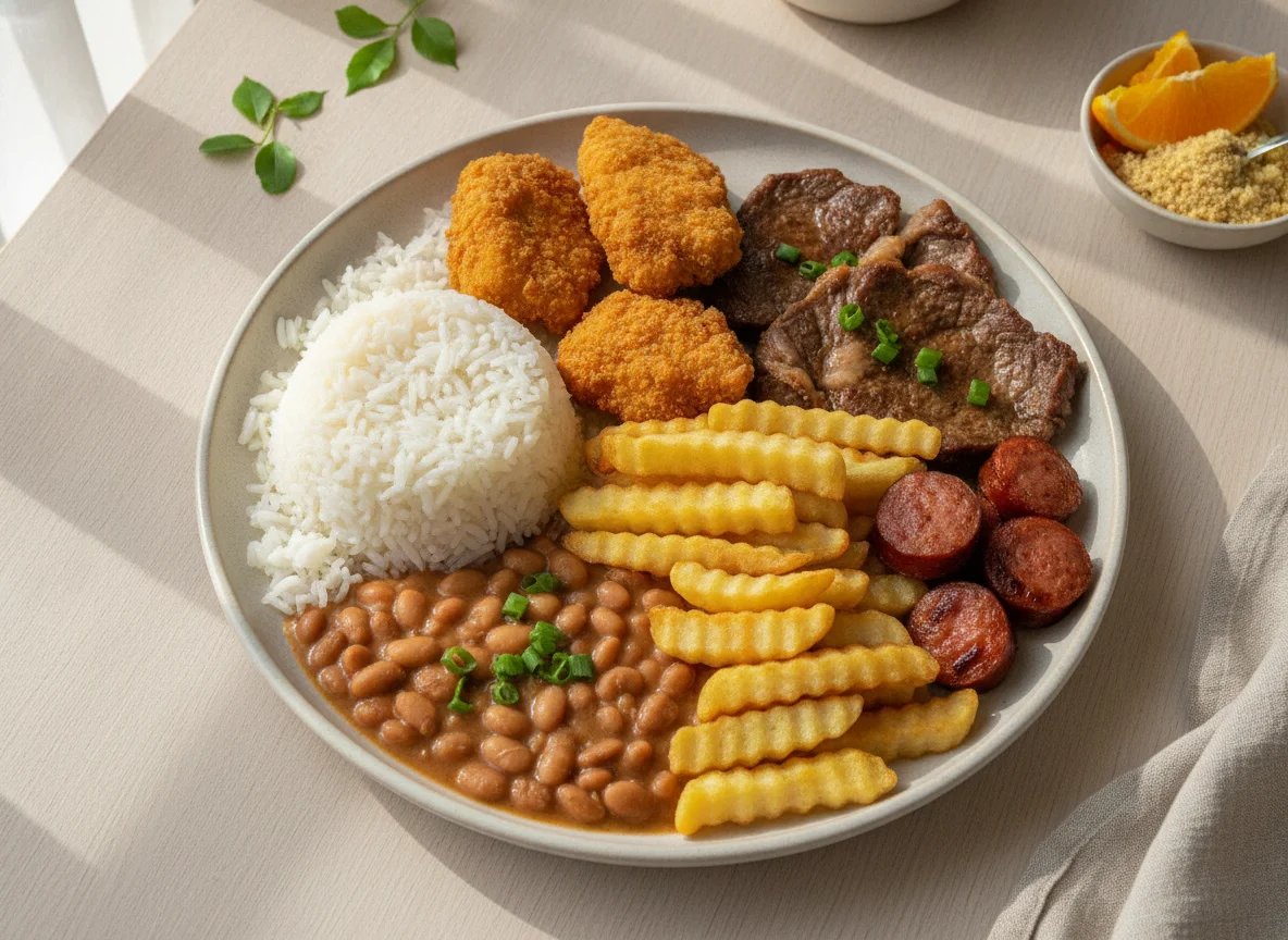 Marmitex Brasileira com Carne Assada, Feijão, Arroz e Batata photo