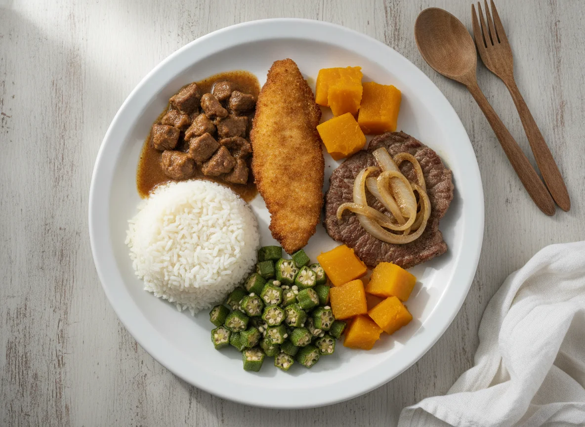 Marmitex Brasileira com Carne, Quiabo e Abóbora photo