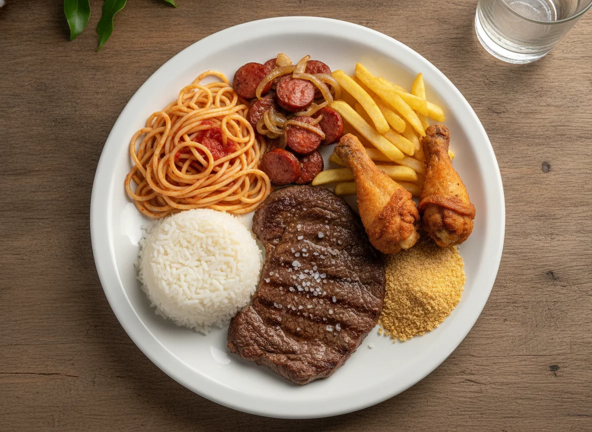 Marmitex Brasileira com Carnes e Macarrão photo