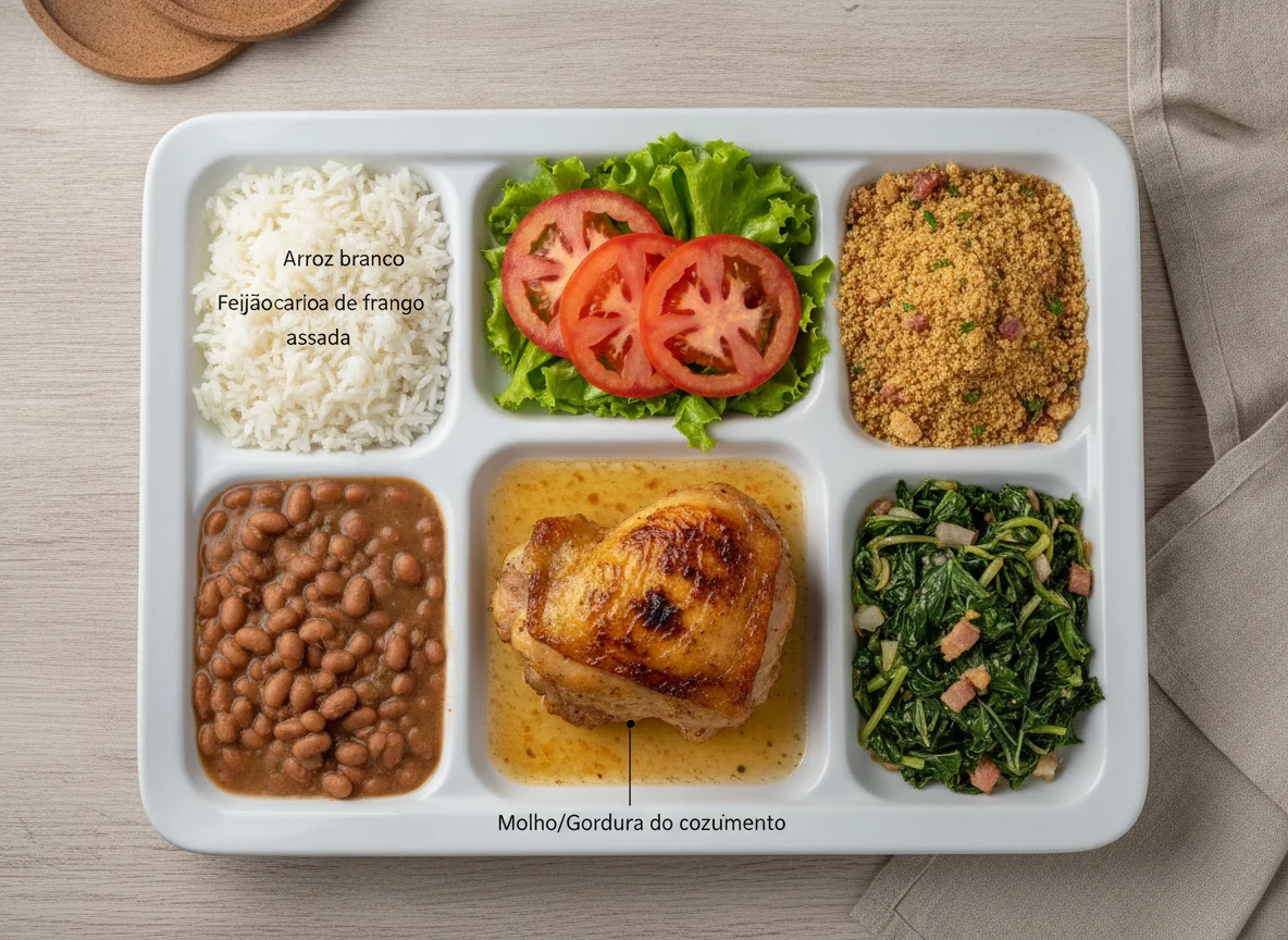 Marmitex Brasileira com Frango, Arroz, Feijão e Farofa photo