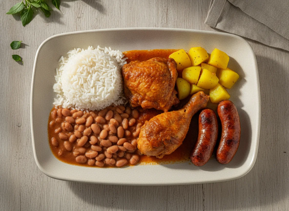 Marmitex Brasileira com Frango, Linguiça e Feijão photo