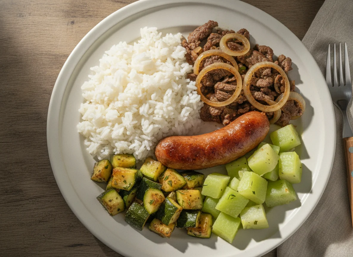 Marmitex com Carne Acebolada, Linguiça, Arroz, Abobrinha e Chuchu photo