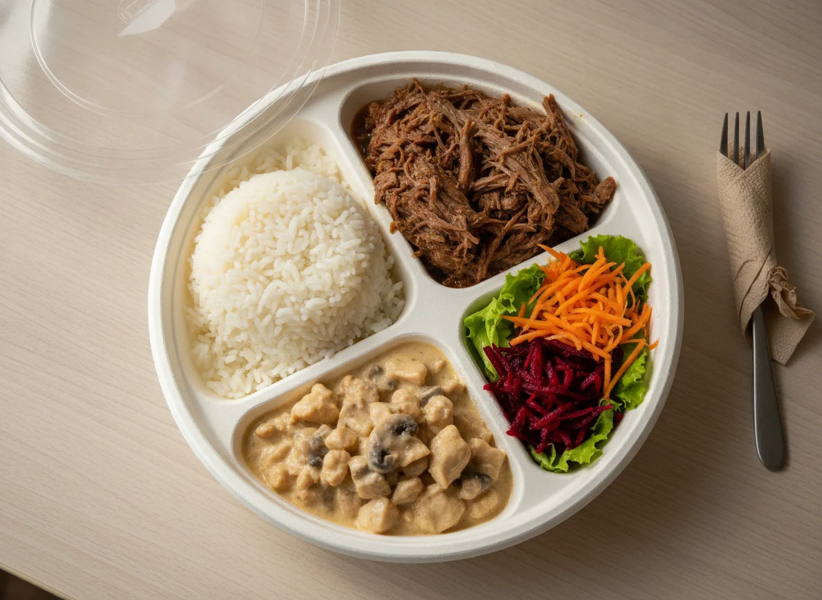 Marmitex com Carne Assada, Strogonoff de Frango e Salada photo