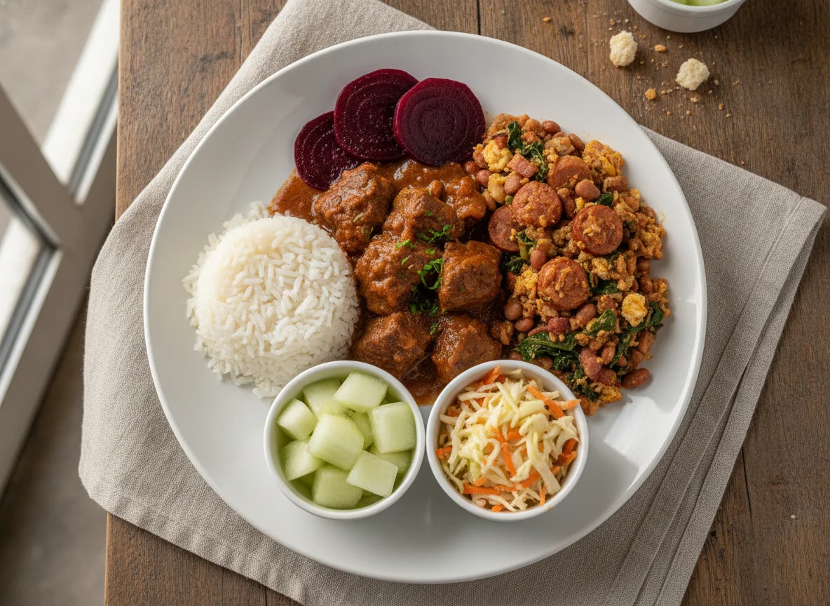 Marmitex com Carne Cozida, Arroz, Feijão Tropeiro e Beterraba photo