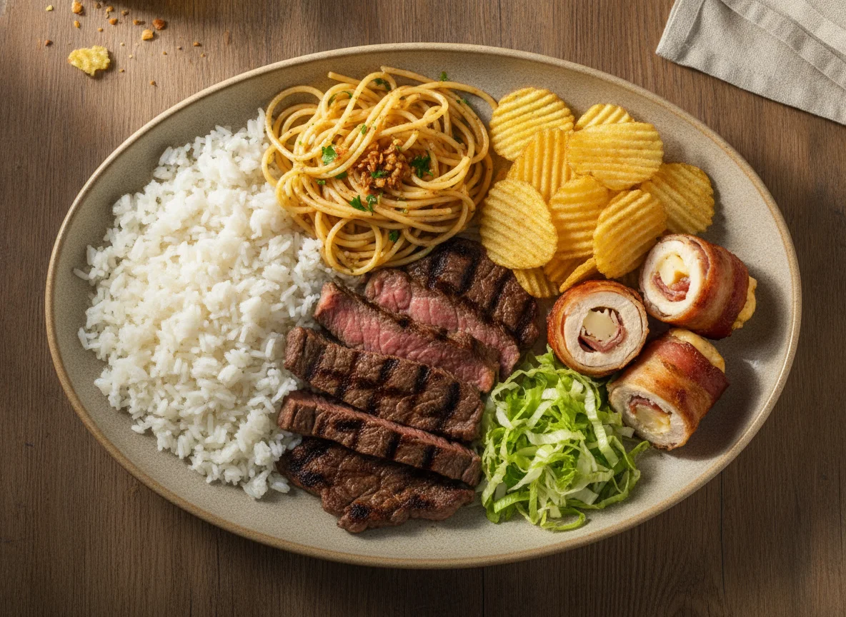 Marmitex com Churrasco, Arroz, Macarrão e Batata Chips photo