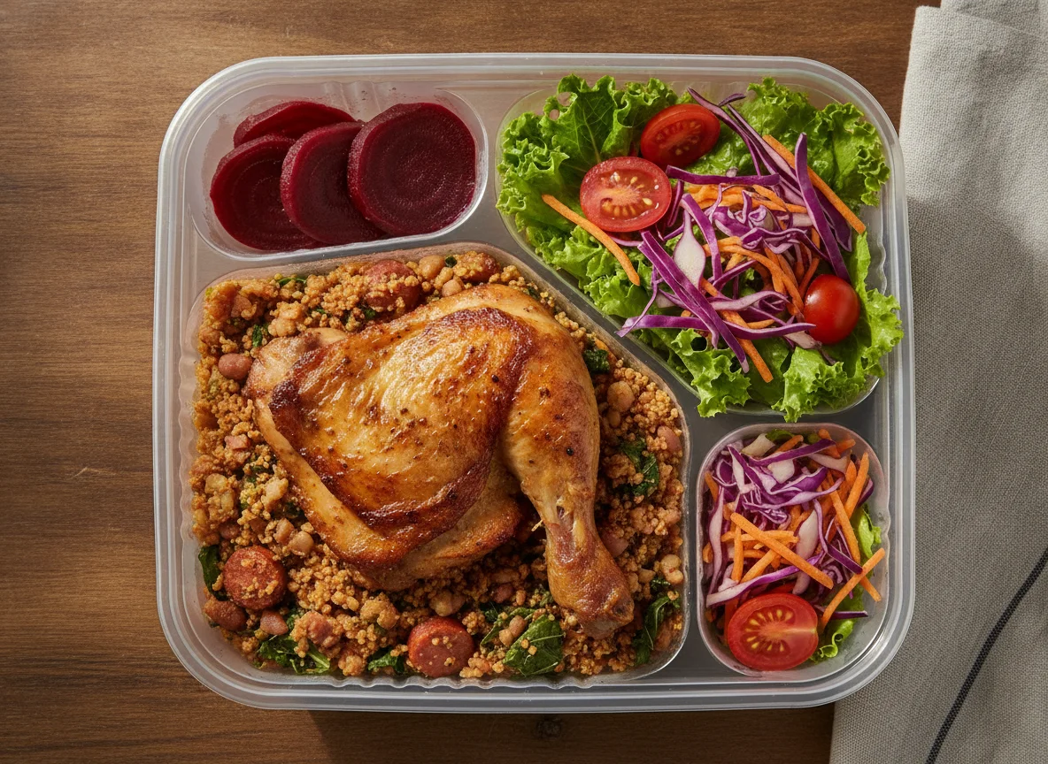 Marmitex com Frango Assado, Feijão Tropeiro, Beterraba e Salada photo