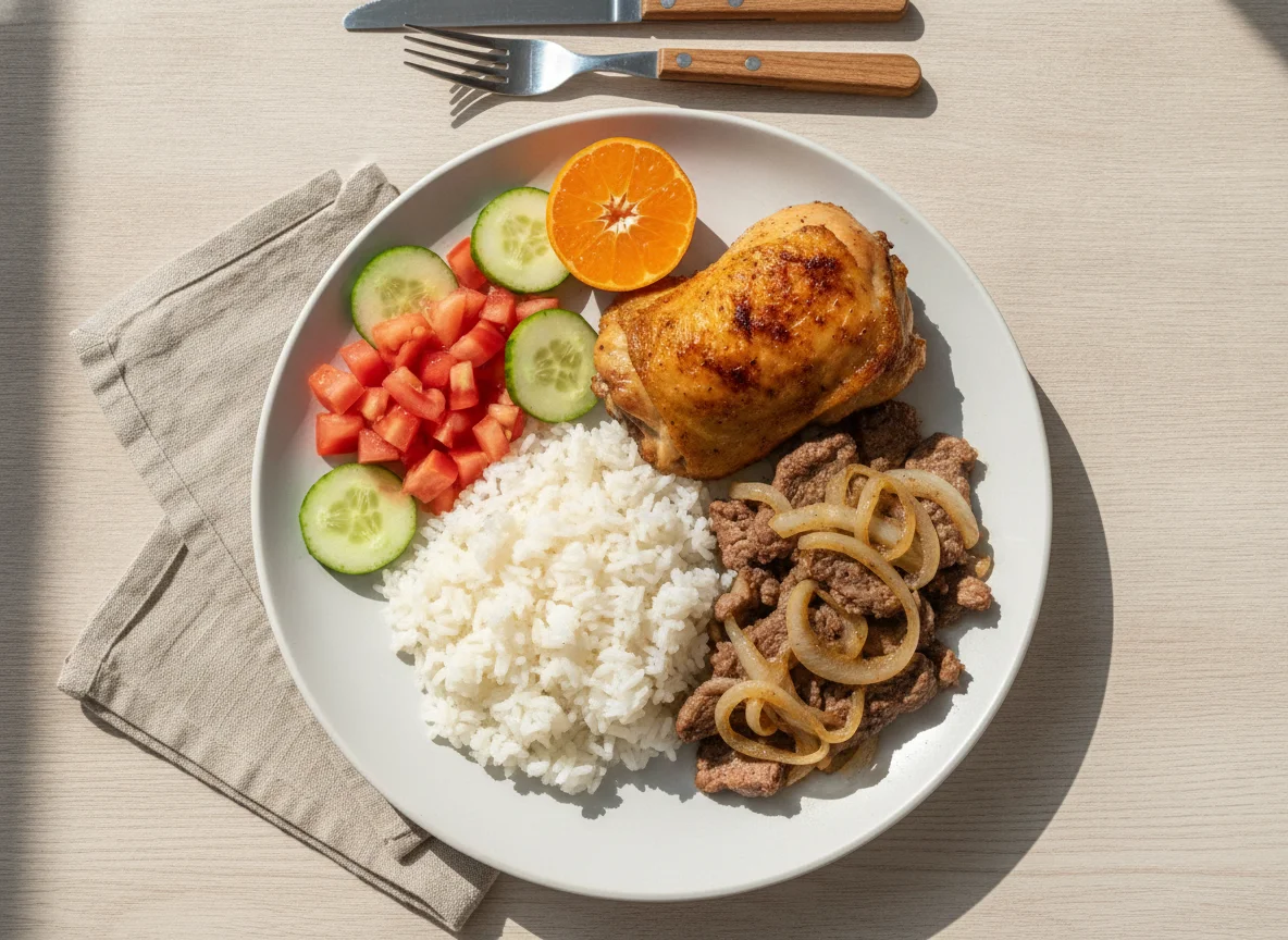 Marmitex com Frango, Carne Acebolada e Arroz photo