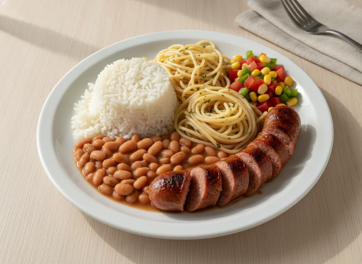 Marmitex com Linguiça, Macarrão, Arroz e Feijão photo