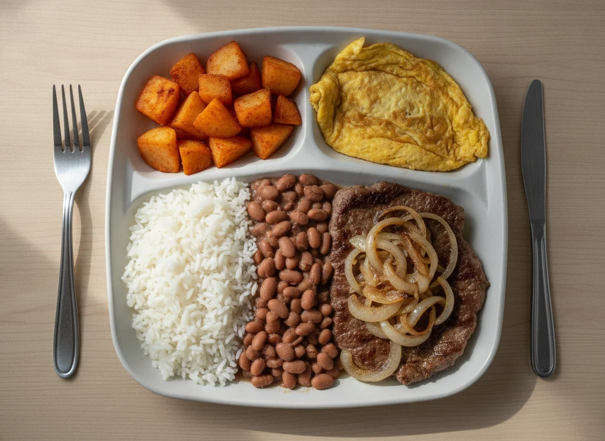 Marmitex de Bife Acebolado com Arroz, Feijão, Batata e Omelete photo