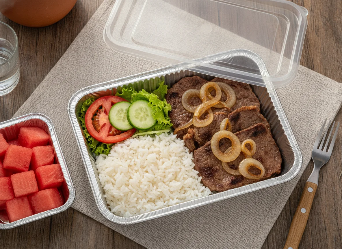 Marmitex de Bife Acebolado com Arroz, Salada e Melancia photo