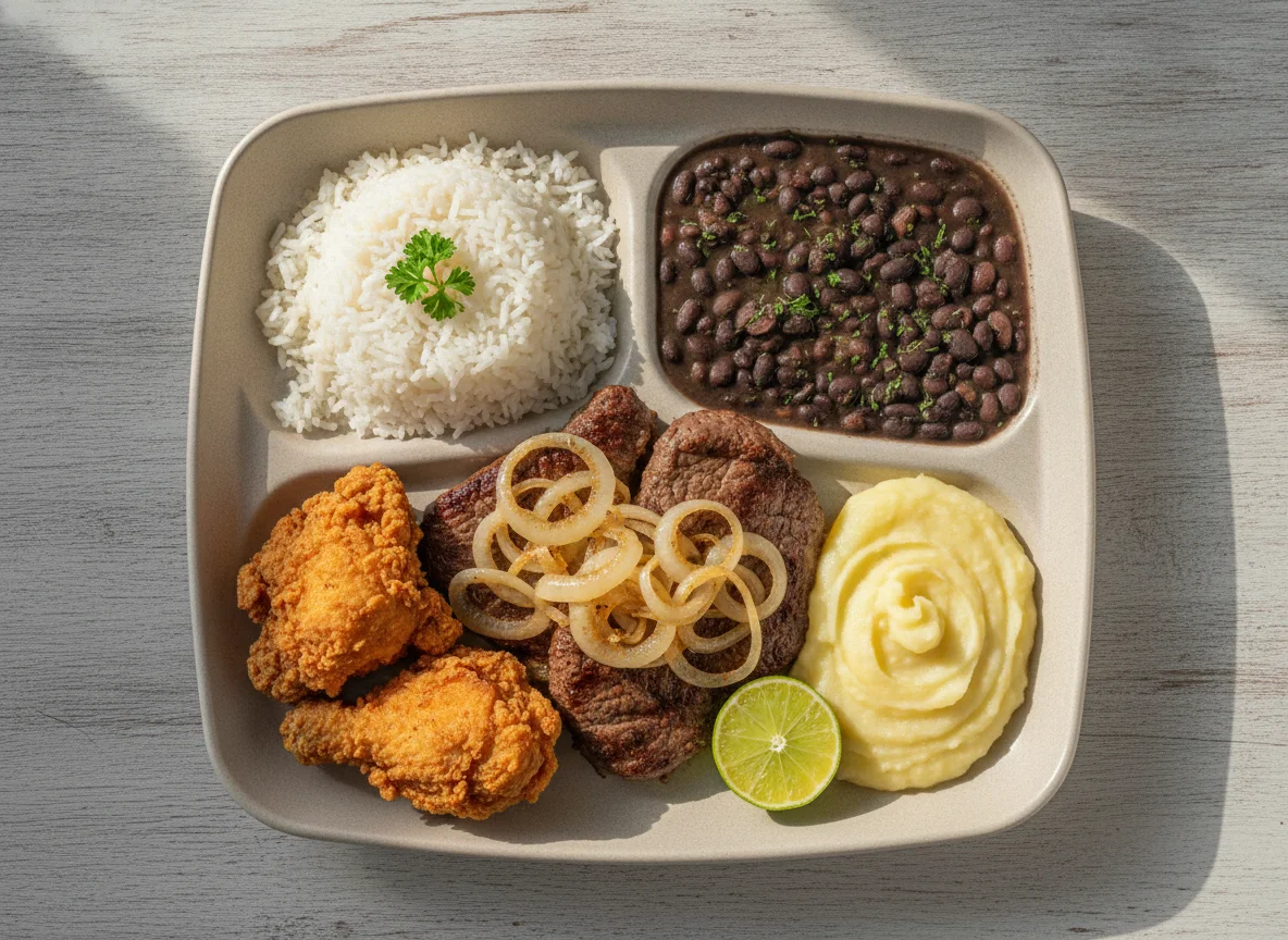 Marmitex de Bife Acebolado, Frango Frito, Arroz, Feijão e Purê photo