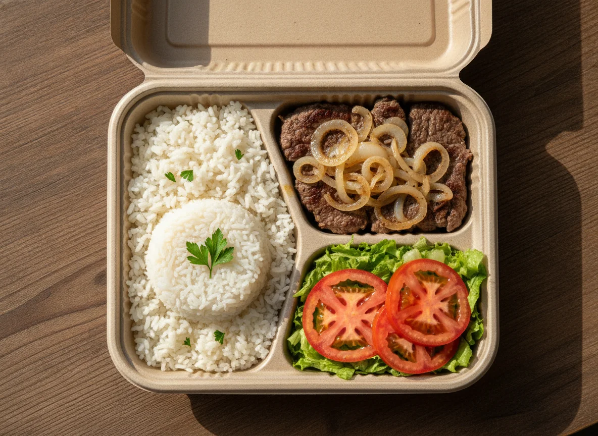 Marmitex de Carne Acebolada com Arroz e Salada photo