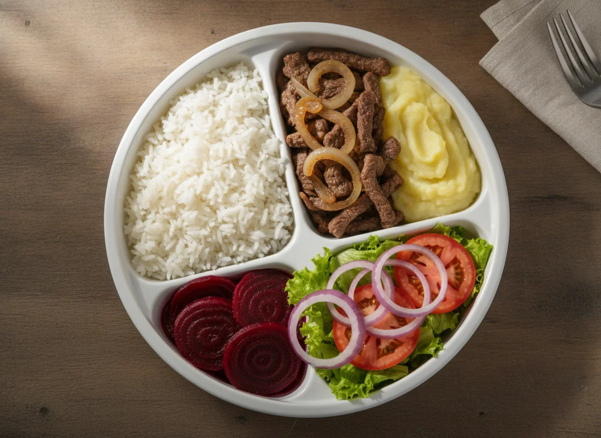 Marmitex de Carne Acebolada com Purê e Beterraba photo