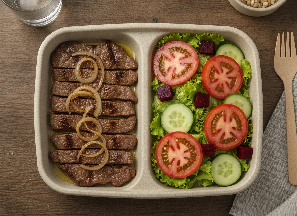 Marmitex de Carne Acebolada com Salada photo