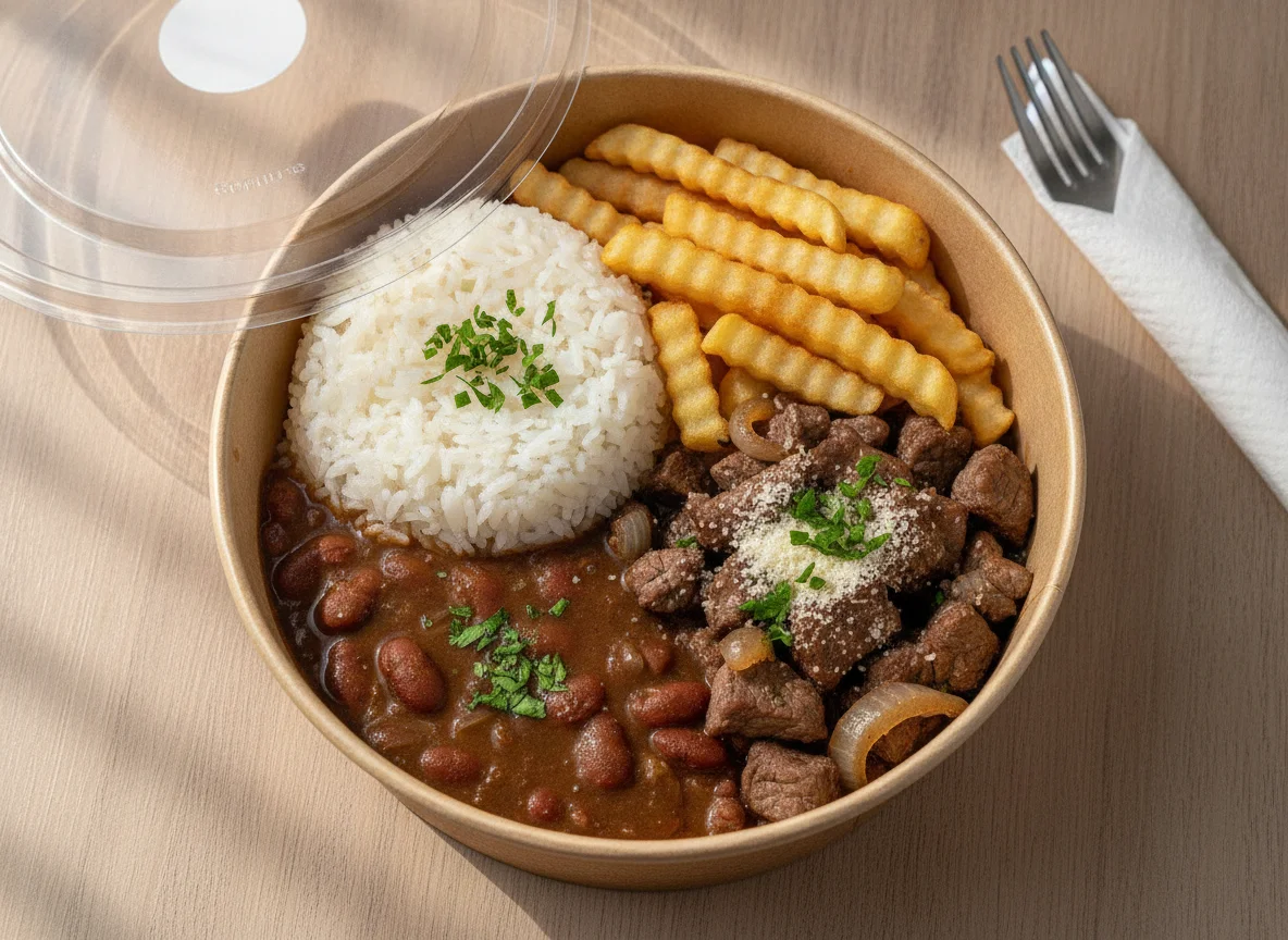 Marmitex de Carne com Arroz, Feijão e Batata Frita photo