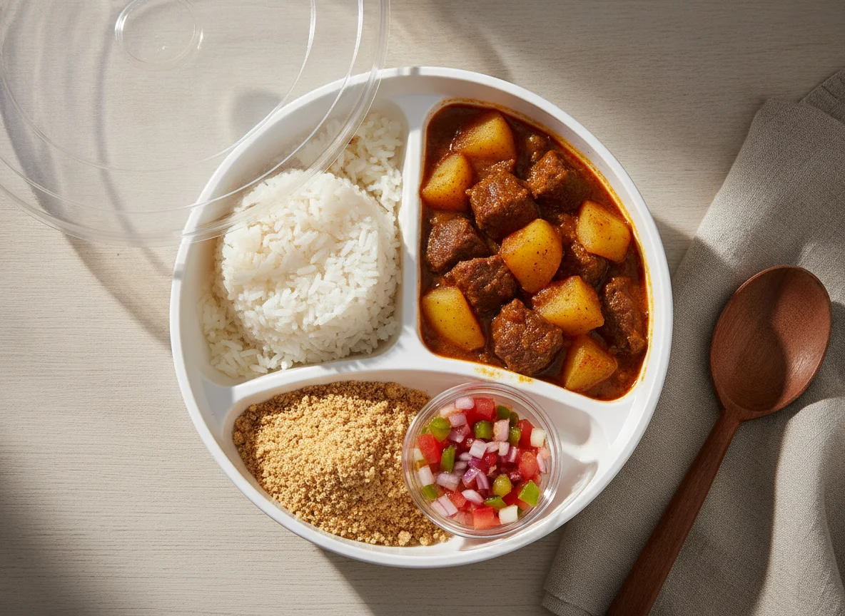 Marmitex de Carne com Batata, Arroz, Farofa e Vinagrete photo