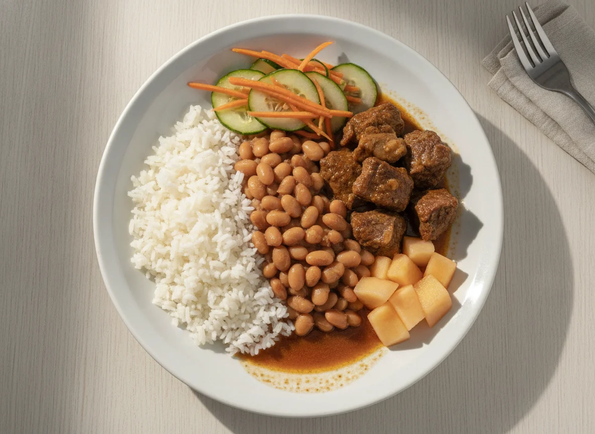 Marmitex de Carne Cozida com Arroz e Feijão photo