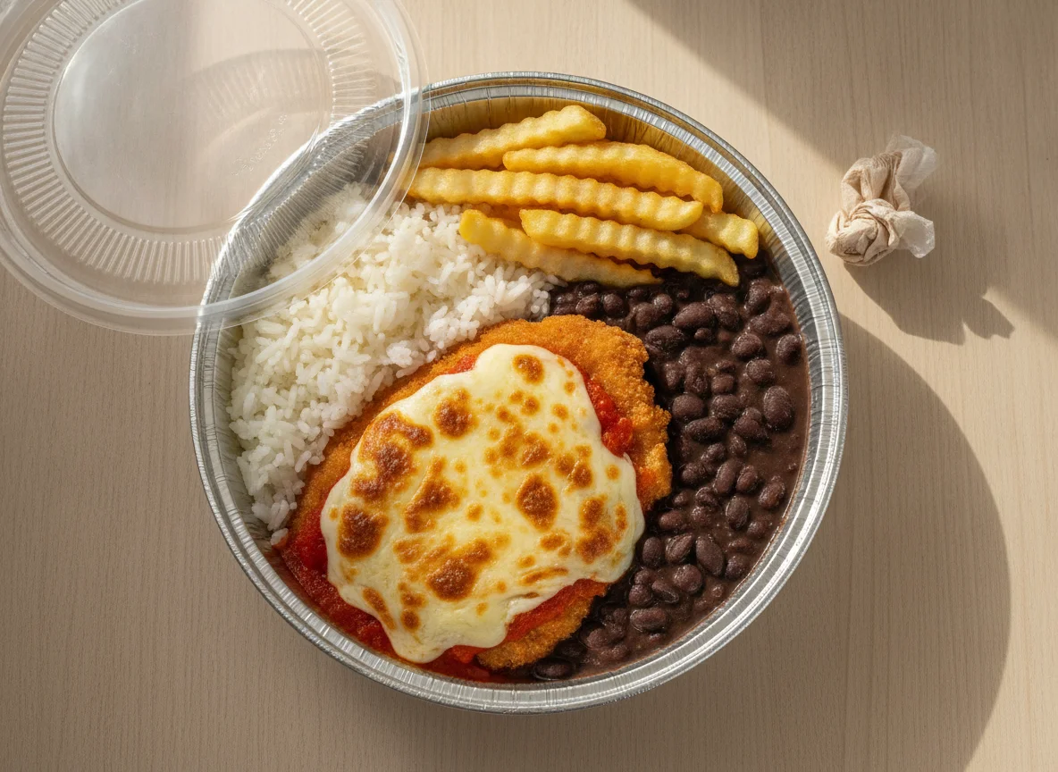 Marmitex de Frango à Parmegiana com Arroz, Feijão e Batata Frita photo