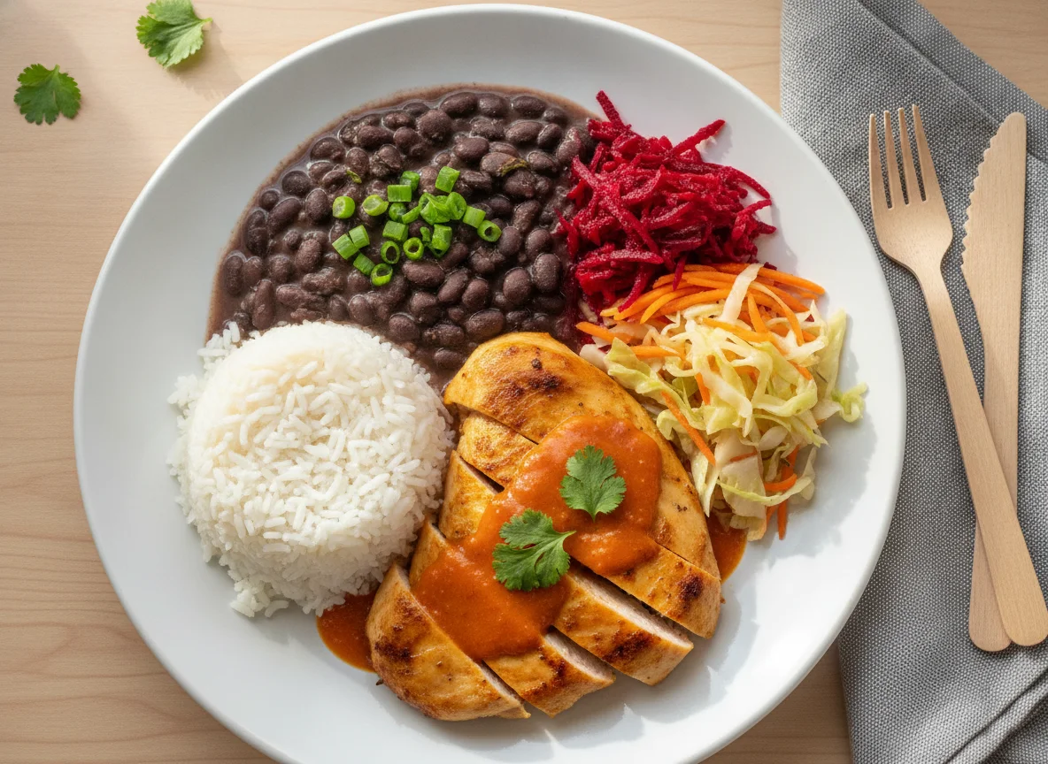 Marmitex de Frango com Arroz, Feijão e Salada photo