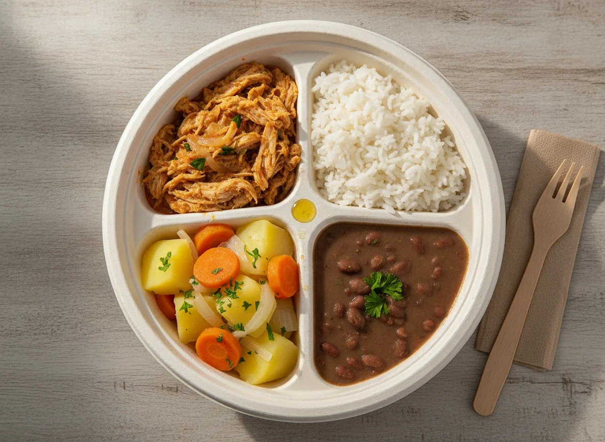 Marmitex de Frango Desfiado com Arroz, Feijão e Legumes photo