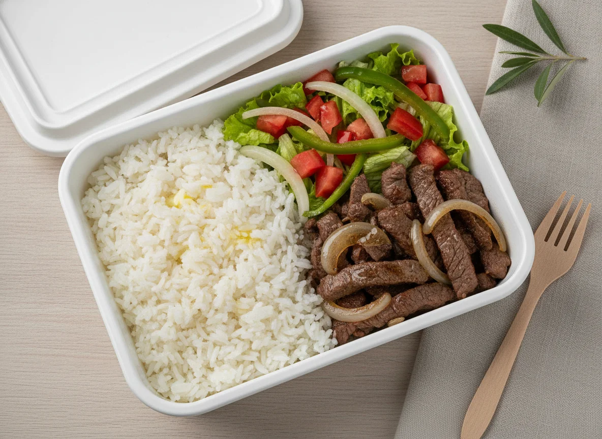 Marmitex de Iscas de Carne com Arroz e Salada photo